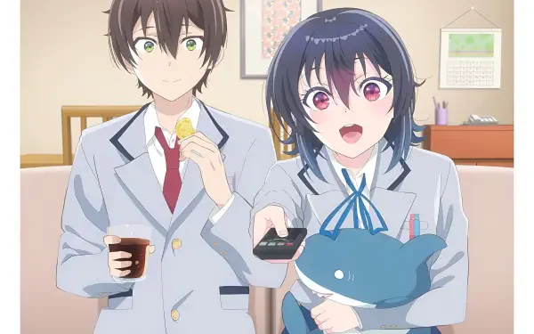 2K Quad HD PC wallpaper from the anime I Made Friends with the Second Prettiest Girl in My Class — Maki Maehara and Umi Asanagi in school uniforms; she hugs a shark plush, he holds a drink and cookie.