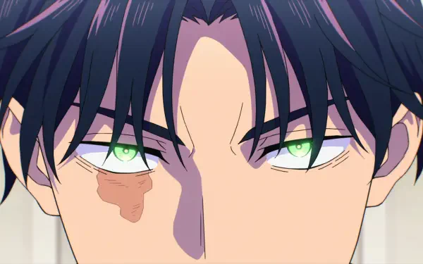 HD PC desktop wallpaper: close-up anime portrait of Hikaru Gero (Marriagetoxin) — dark hair, intense green eyes and a small cheek birthmark.