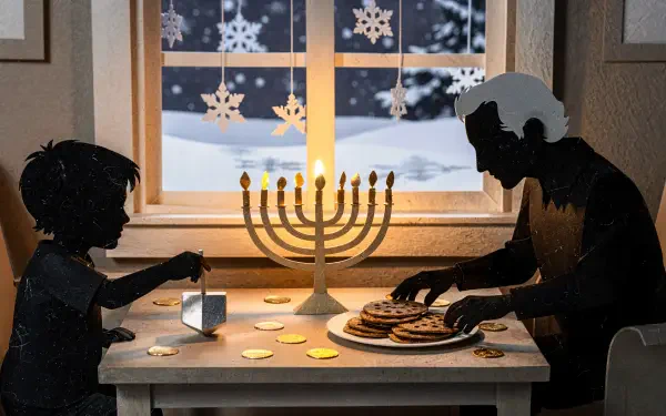 Hanukkah 4K Ultra HD PC desktop wallpaper: silhouettes sharing gelt, a dreidel and latkes beside a glowing menorah at a snowy window.