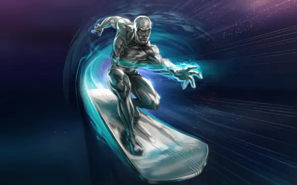 5K Ultra HD comic fan art of Silver Surfer racing on his surfboard through cosmic light trails — high-detail PC desktop wallpaper and background.