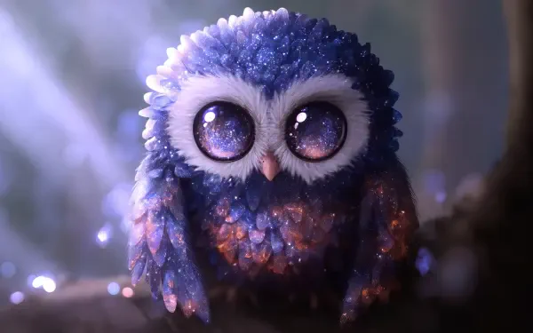 Cute galaxy-themed fantasy owl with sparkling star-filled eyes and iridescent feathers, rendered as 2K Quad HD PC desktop wallpaper and background.