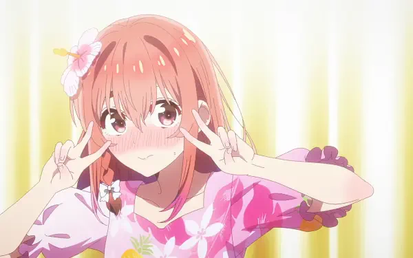 HD PC desktop wallpaper of Sumi Sakurasawa from Rent-A-Girlfriend: blushing pink-haired anime girl flashing double peace signs in a floral dress against a soft yellow-striped background.