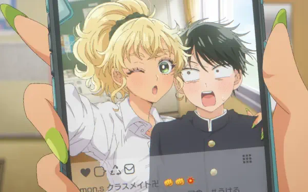 HD PC wallpaper: Kotoko Ijichi and Takuya Seo from anime Gals Can't Be Kind to Otaku!? taking a playful selfie on a phone, Kotoko winking beside a flustered Takuya.