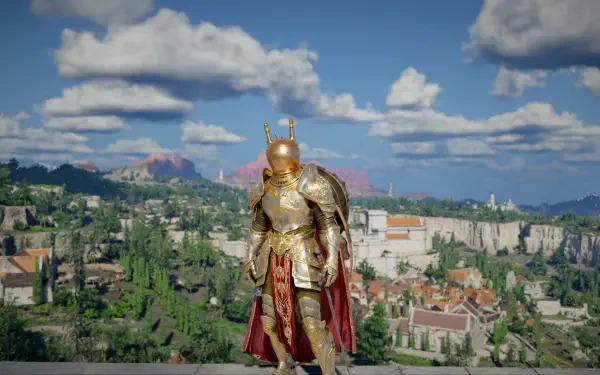 Crimson Desert video game warrior in ornate gold armor and red cloak overlooks a sunlit cityscape — 2K Quad HD PC desktop wallpaper/background.