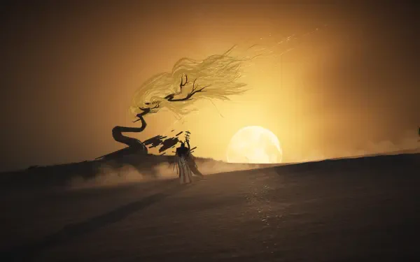 5K Ultra HD PC wallpaper for the video game Where Winds Meet: a windswept desert scene with a twisted tree and lone rider silhouetted against a low, glowing golden sun.