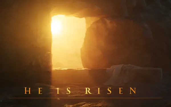 2K Quad HD PC desktop wallpaper showing a sunlit empty tomb with open stone door and radiance, with He Is Risen text — a Biblical Christian resurrection scene.