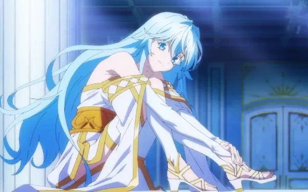 Anime HD PC wallpaper: Elfaria Albis Serfort from Wistoria: Wand and Sword — blue‑haired elf in white-and-gold attire seated in a glowing palace background.