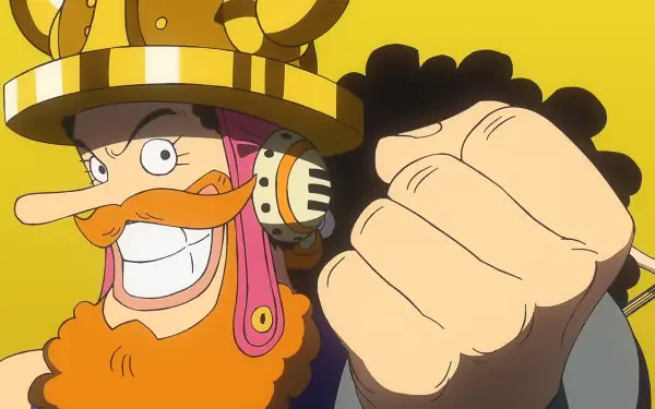 Anime One Piece desktop wallpaper: Usopp in a colorful helmet and orange beard, grinning and thrusting a fist toward the viewer on a vibrant yellow HD background.