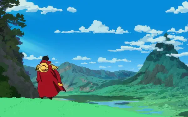 Anime One Piece — Gol D. Roger in a red coat stands on a grassy cliff, overlooking green valleys, mountains and a bright blue sky; HD PC desktop wallpaper background.