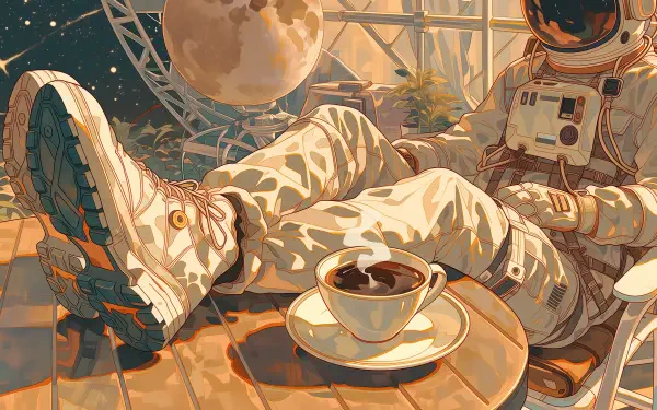 AI Art 2K Quad HD PC desktop wallpaper: a chill astronaut lounges with coffee on a sunlit balcony, warm golden vibe and planets in the background.