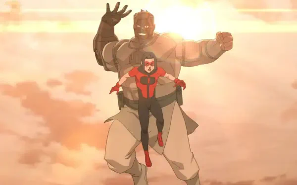 Invincible 2K Quad HD PC desktop wallpaper: Invincible flies forward in red-and-blue as a towering, armored ally rises behind him, both backlit by a warm, golden cloud-filled sky.