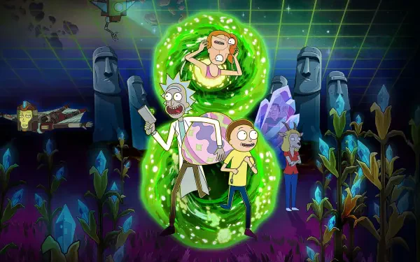Rick and Morty 4K Ultra HD PC wallpaper: Rick and Morty step through a glowing green portal into an alien crystal landscape with towering stone heads beneath a neon grid sky.