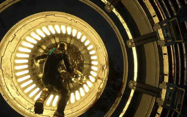 4K Ultra HD PC desktop wallpaper and background: armored engineer floats toward a glowing circular hatch in a dark, industrial shaft — Dead Space (2023) video game.