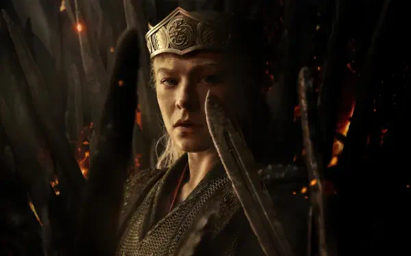 Rhaenyra Targaryen from the TV show House of the Dragon, crowned and armored, sword raised before a smoldering throne — 4K Ultra HD PC desktop wallpaper/background.