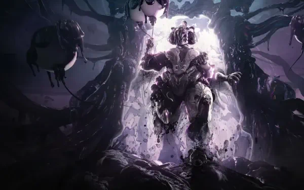 4K Ultra HD PC desktop wallpaper of the video game Warframe: armored Warframe rising from a glowing rift, surrounded by dark organic tendrils and hovering orbs.