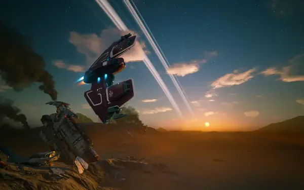 4K Ultra HD PC desktop wallpaper from the video game Everspace 2: sleek spaceship hovering over a rocky alien landscape at sunset beneath a ringed planet and glowing clouds.
