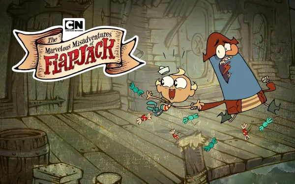 Cartoon Network TV show The Marvelous Misadventures of Flapjack 4K Ultra HD PC wallpaper: Flapjack and Captain K'nuckles on a rickety dock with the series logo.