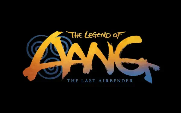 HD PC desktop wallpaper of the movie logo 'The Legend of Aang: The Last Airbender' — orange-to-blue brush lettering over black with blue spiral water motifs.