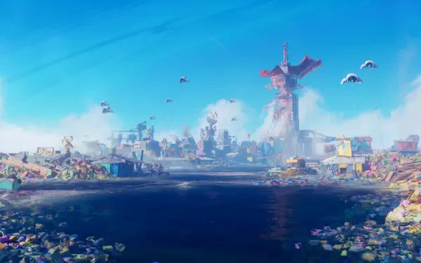 HD PC desktop wallpaper/background for the video game Tides of Tomorrow: coastal city at low tide with a dark water channel, debris, seagulls and a weathered tower under a bright blue sky.