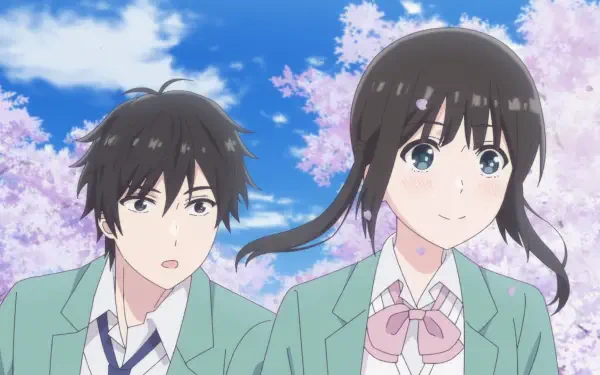 Anime HD desktop wallpaper from I Want to End this Love Game featuring Miku Sakura (I Want to End this Love Game) and Yukiya Asagi in school uniforms beneath cherry blossoms.
