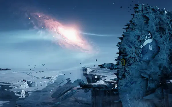 Homeworld video game 2K Quad HD PC desktop wallpaper: icy alien cliff with a carved structure and walkway overlooking a distant glowing nebula and scattered wreckage.