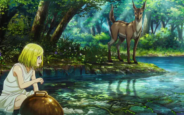 Witch Hat Atelier's Coco in anime-style fantasy: Coco sits by a sparkling forest stream watching a deer amid lush magical woods — 5K Ultra HD PC desktop wallpaper.