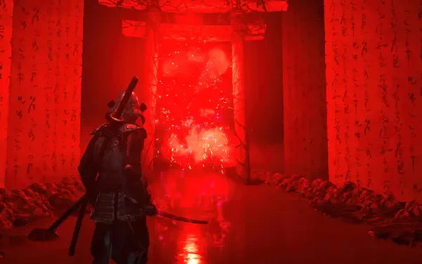 4K Ultra HD PC wallpaper from the video game Ghost of Yōtei: an armored samurai stands in shallow reflective water beneath crimson torii, facing a towering red spirit.