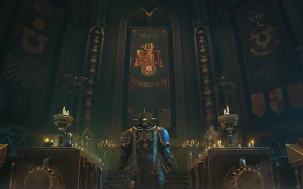 4K Ultra HD PC desktop wallpaper: Warhammer video game Space Marine in an ornate gothic cathedral hall, armored figure before a throne with candlelit banners.