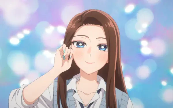 Kei Amane from the anime Gals Can't Be Kind to Otaku!? smiling and winking with her hand near her face against a pastel bokeh background — HD PC desktop wallpaper