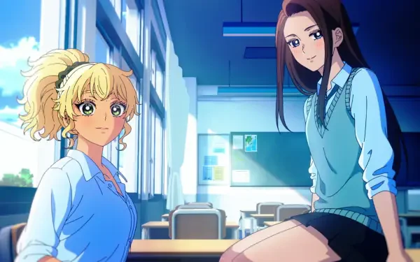 HD PC wallpaper of anime Gals Can't Be Kind to Otaku!? featuring Kotoko Ijichi and Kei Amane in a sunlit classroom; Kotoko perched on a desk and Kei standing beside her, warm blue tones.