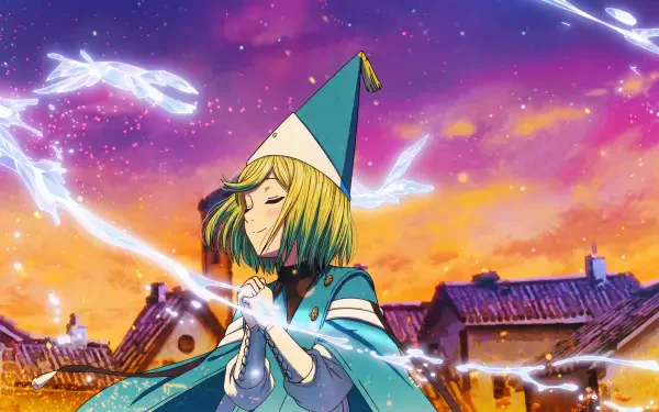 5K Ultra HD PC wallpaper of Coco from Witch Hat Atelier: an anime witch girl in teal cloak and pointed hat casting glowing magic above a twilight town, fantasy scene.