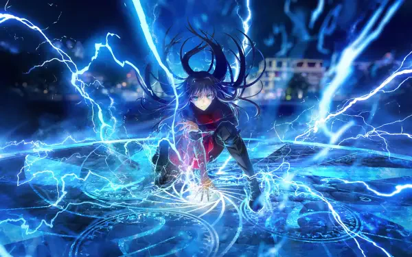 Witch On The Holy Night conjuring crackling blue lightning over glowing runes, intense 4K Ultra HD PC desktop wallpaper and background.