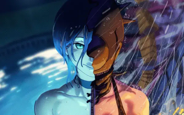 Chainsaw Man split portrait: half human, half chainsaw mask amid rain and neon blue glow — 4K Ultra HD PC desktop wallpaper.