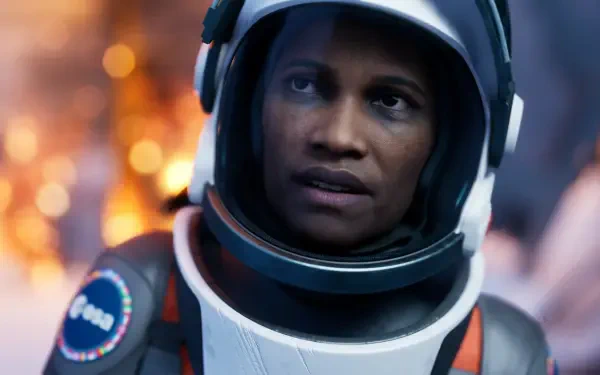 Helmeted astronaut character from the video game Aphelion gazes forward against orange explosion bokeh — HD PC desktop wallpaper/background.