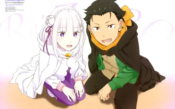 Anime — Re:Zero: Starting Life in Another World 5K PC wallpaper showing Emilia (Re:ZERO) and Subaru Natsuki kneeling side by side, smiling on a soft pastel background.