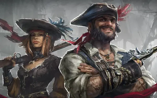 2K Quad HD PC wallpaper from the video game Windrose: two pirates—a grinning bearded captain and a feather‑hatted female corsair—pose with weapons against a stormy, nautical backdrop.