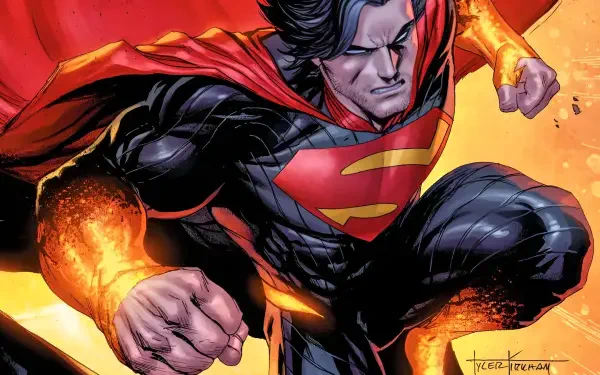 Comic-style Absolute Superman soaring forward with glowing fiery fists, red cape and S-shield — HD PC desktop wallpaper/background.