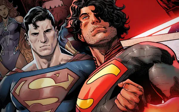 Comic illustration of Absolute Superman and Superman standing heroically; HD PC desktop wallpaper/background with bold red tones and detailed comic-style art.