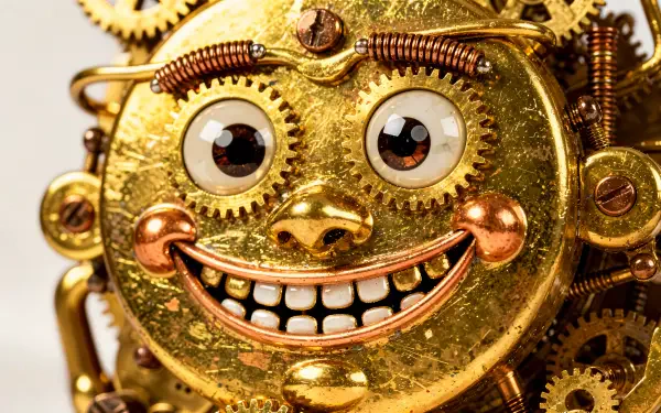4K Ultra HD PC desktop wallpaper: close-up of a gleaming gold clockwork mechanism shaped into a smiling mechanical face with gears, springs and polished brass details.