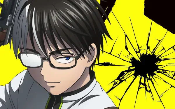 Anime HD PC desktop wallpaper of Juuzou Ougami (KILL BLUE): bespectacled young man with eyepatch smirking before a shattered-glass impact on a vivid yellow background.