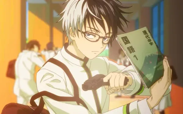 Anime HD PC desktop wallpaper of Juuzou Ougami (KILL BLUE): bespectacled, two-tone-haired student reading a book while adjusting his satchel in a sunlit classroom.