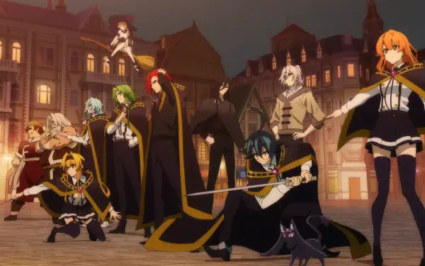 Anime HD PC desktop wallpaper/background from Wistoria: Wand and Sword — ensemble of cloaked students wielding wands and swords, a black cat, posing in a dusk-lit European-style city square.