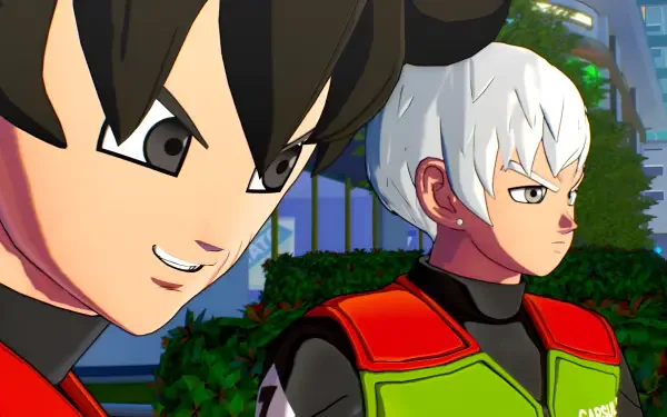 2K Quad HD PC desktop wallpaper/background from the video game Dragon Ball Xenoverse 3: two anime-style fighters in green-red armor — a dark-haired smirking hero and a white-haired stoic ally near a city garden.