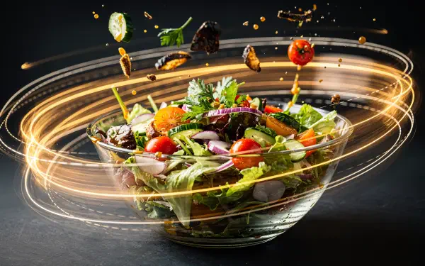 Glass bowl of mixed salad with cherry tomatoes, greens and herbs, ingredients suspended in swirling golden light trails on a dark backdrop. 4K Ultra HD PC wallpaper.