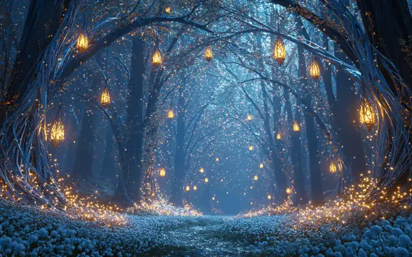 Enchanted fantasy forest and glowing flower field under lantern-lit trees, magical sparkles along a moonlit path — 2K Quad HD PC desktop wallpaper background.