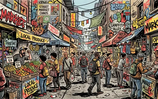 Illustrated bustling street market with colorful stalls, signs and shoppers framed by graffiti alleys — 5K Ultra HD PC desktop wallpaper and background.
