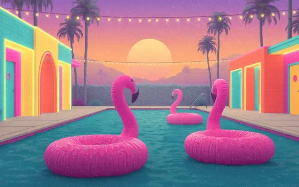Vibrant, colorful synthwave/vaporwave 2K Quad HD PC wallpaper: neon pool with three pink inflatable flamingos, pastel buildings, palm trees and string lights beneath a glowing sunset.