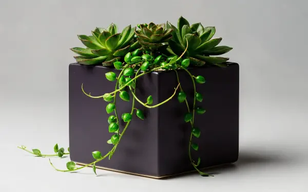 4K Ultra HD PC desktop wallpaper: minimalist dark cube planter holding green succulents and trailing string-of-pearls against a soft neutral background.