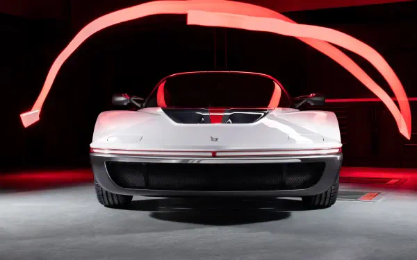 Front view of a white Bertone Runabout vehicle with red light trails on a dark studio floor — 4K Ultra HD PC desktop wallpaper and background.