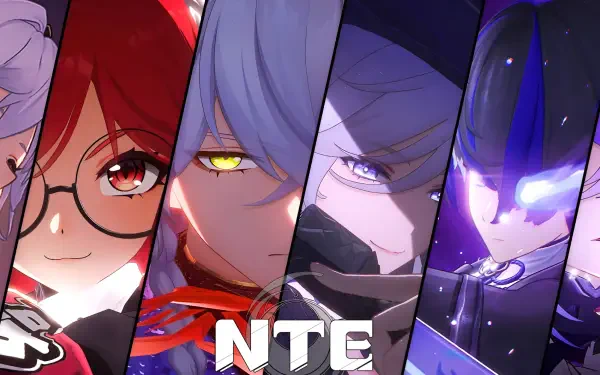 HD PC desktop wallpaper of the mobile game Neverness to Everness: four stylized character close-ups split into dramatic colored panels with the NTE logo.